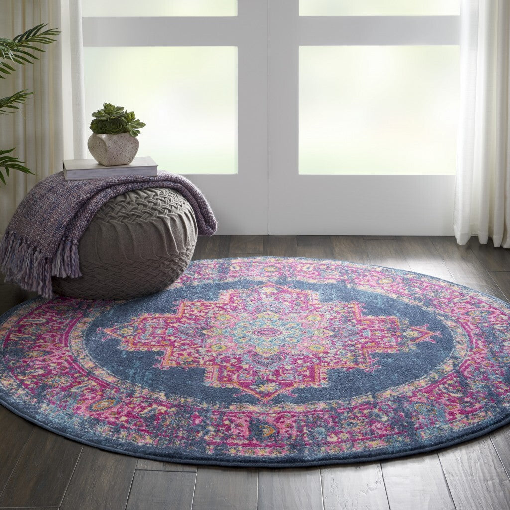 4' Blue Round Power Loom Area Rug