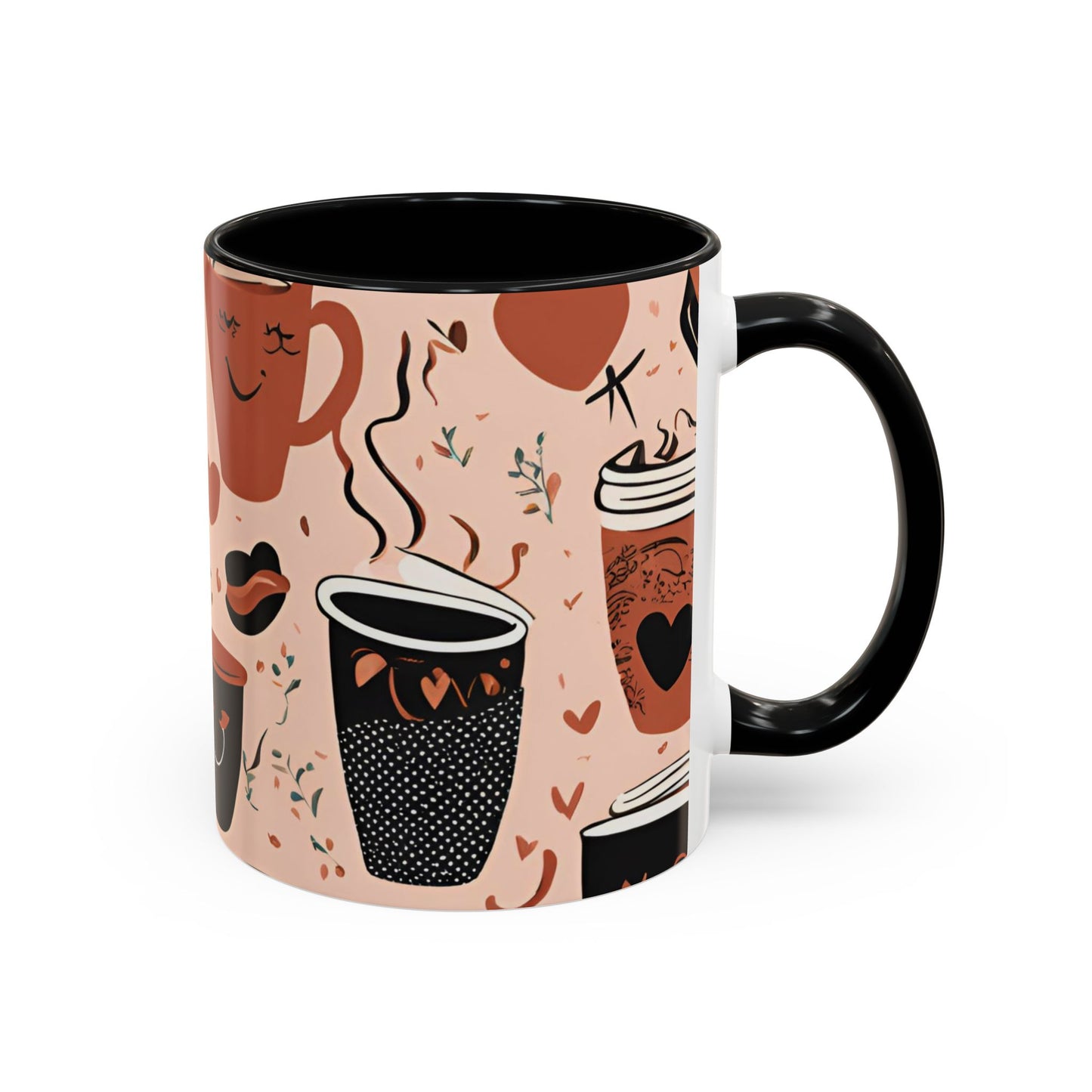 Charming Coffee Mug, Cute Coffee Lover Gift, Black & Pink Heart Design, Perfect for Home & Office